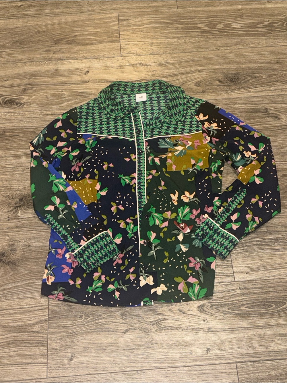 CAbi Green Floral Patchwork Button-Up Jacket